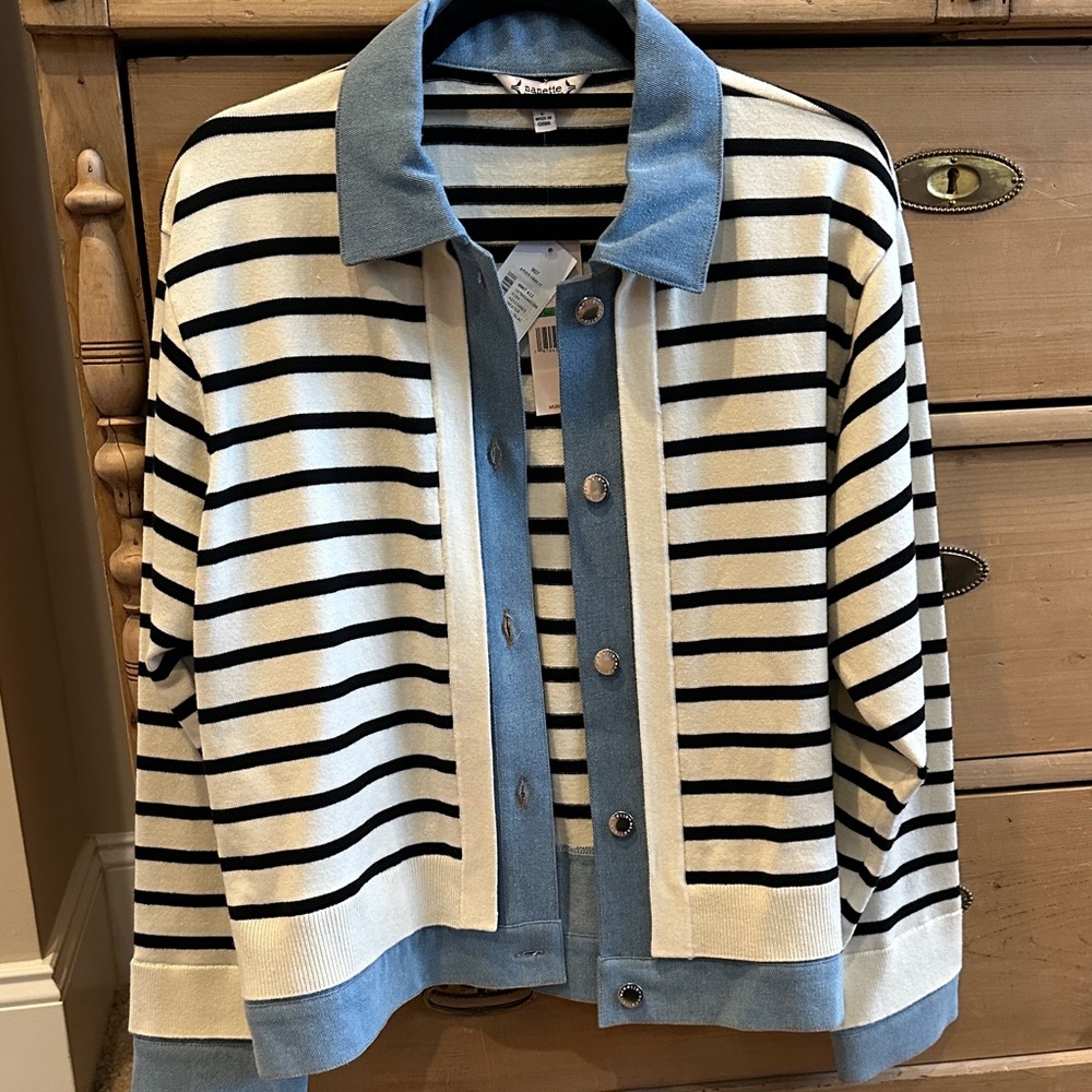 Nanette Lepore Cream and Black Striped Cardigan with Denim Accents